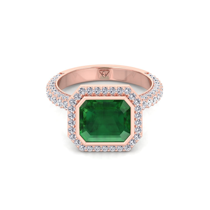 Natural Green Emerald Halo Engagement Ring With Pave Band RG 2