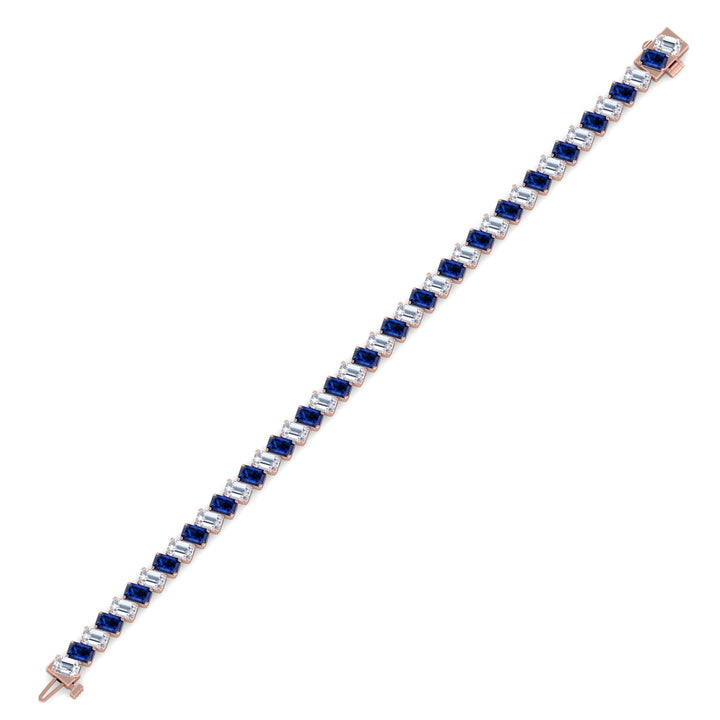 Alternating Emerald Shape Natural Blue Sapphire & Natural Diamond Diagonal Tennis Bracelet 18K Solid Gold