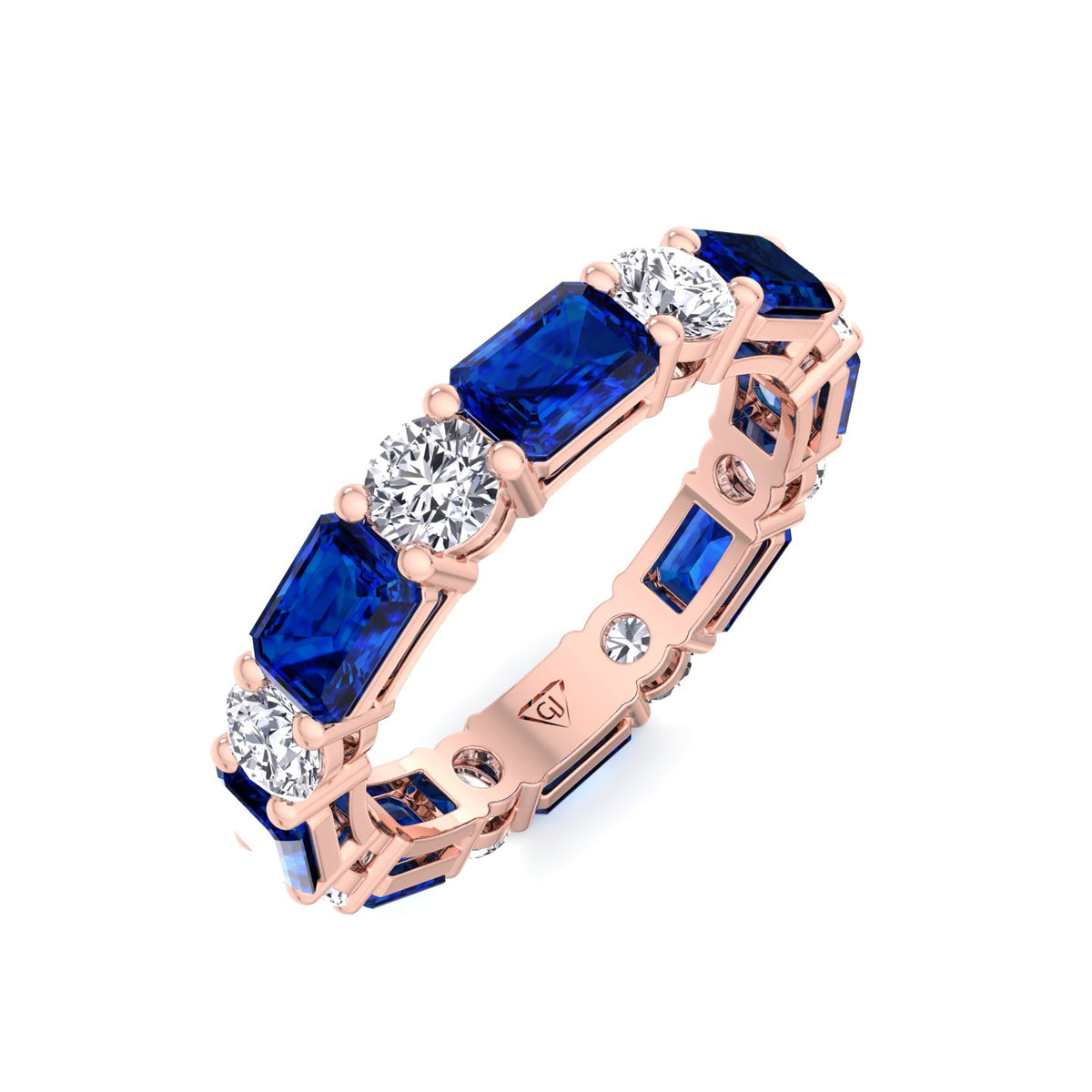 Alternating Natural Emerald Shape Blue Sapphire and Round Shape Diamond Eternity Band Rose Gold 14K 18K