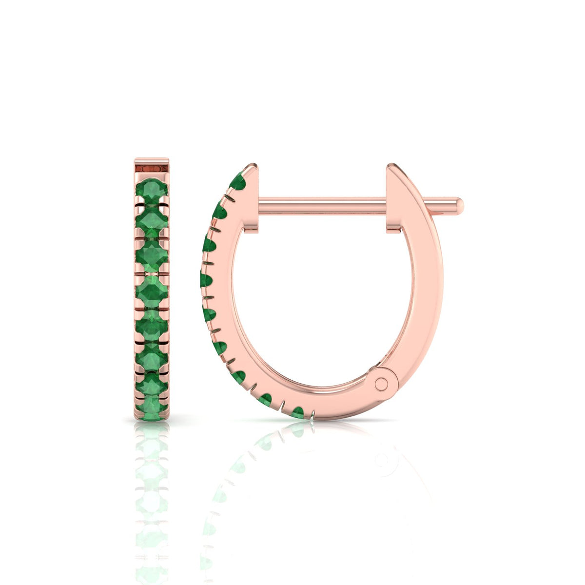 Natural Green Emerald Round Shape Huggie Hoop Earrings Rose Gold 18K