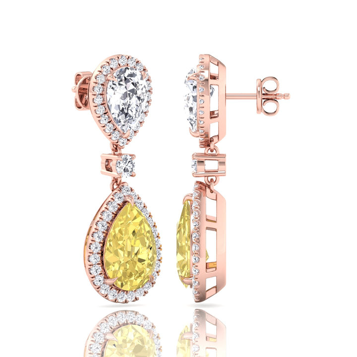 Pear & Round Cut Natural Diamond & Fancy Yellow Diamond Halo Drop Earrings