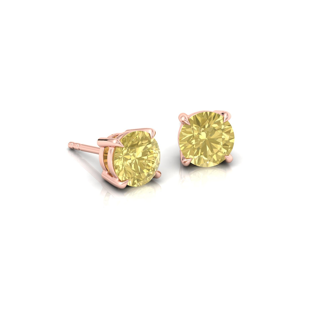 Fancy Yellow Round Cut Natural Diamond Earrings Rose Gold 14K 