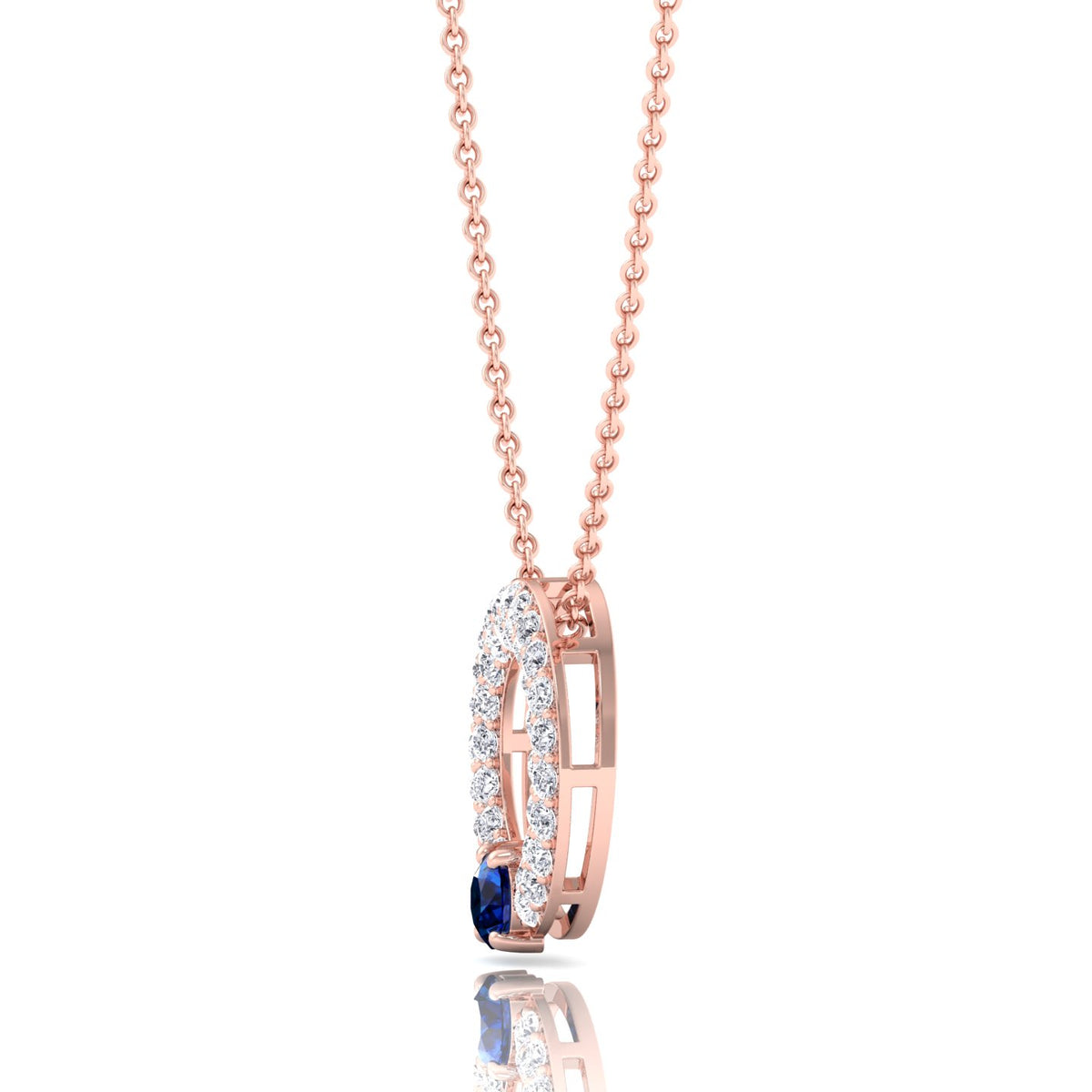 Round Shape Natural Diamond & Blue Sapphire Open Circle Pendant-1.25CT-14K-Rose Gold