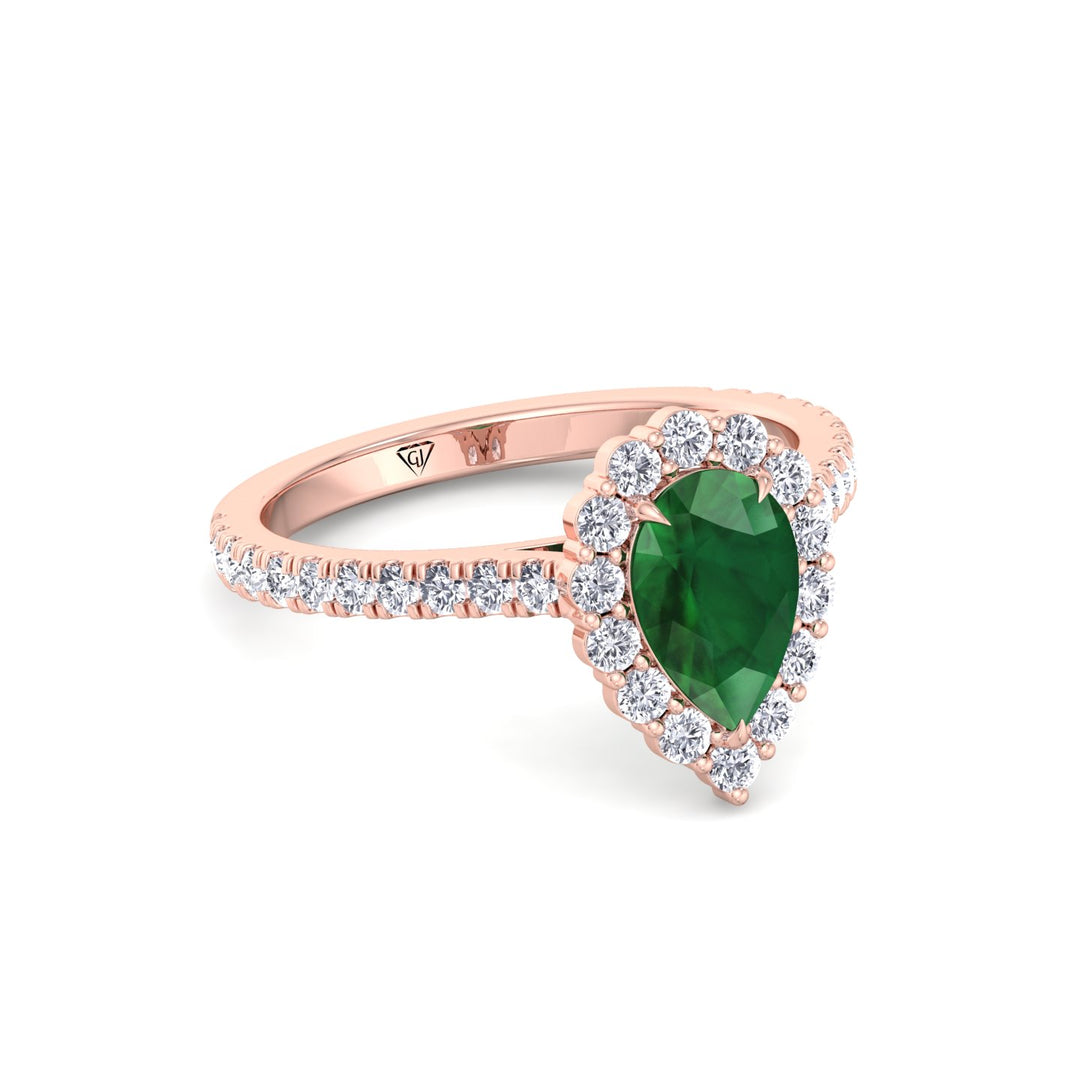 Natural Pear Shape Green Emerald Halo Engagement Ring With Pave Band