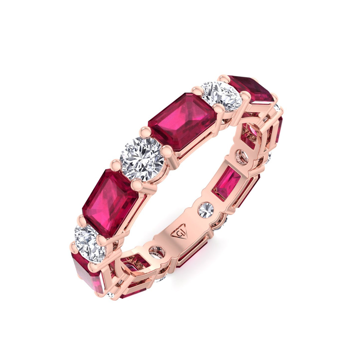 Alternating Natural Emerald Shape Red Ruby and Round Shape Diamond Eternity Band Rose Gold 14K 18K