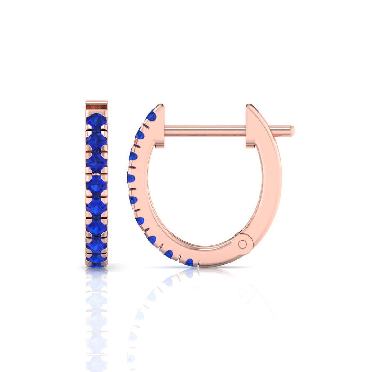 Natural Blue Sapphire Round Shape Huggie Hoop Earrings Rose Gold 14K 1