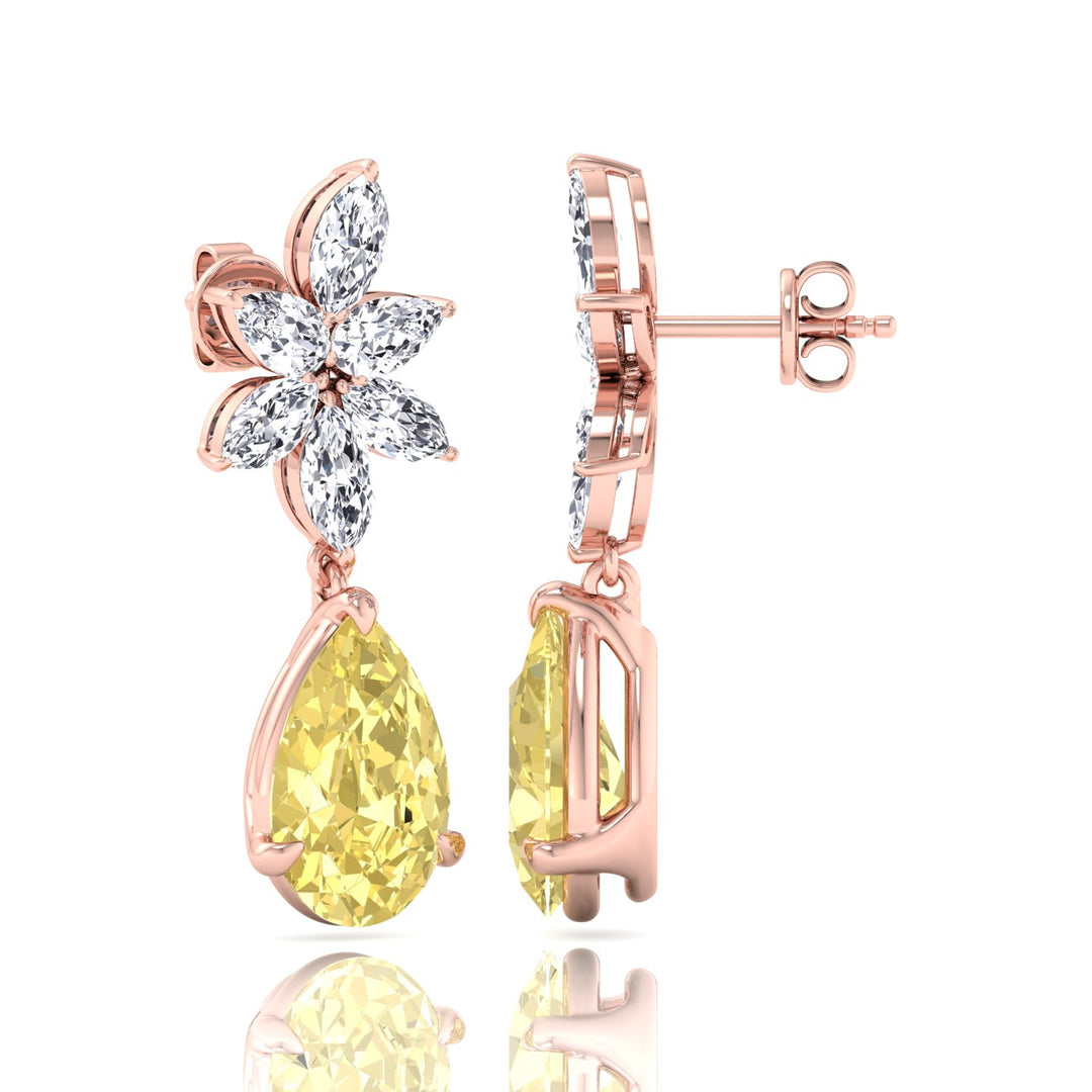 Pear & Marquise Cut Natural Diamond & Fancy Yellow Diamond Cluster Drop Earrings