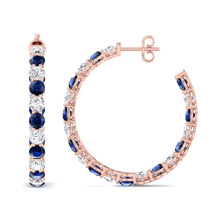 Alternating Natural Blue Sapphire and Diamond Inside Out Hoop Earrings Rose Gold