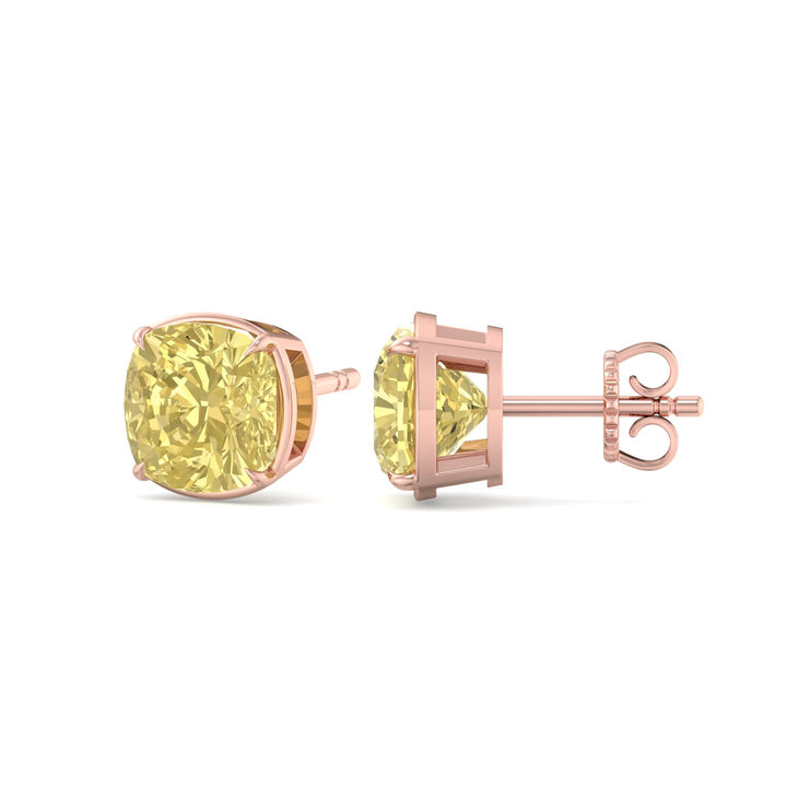 Natural Fancy Yellow Cushion Cut Diamond Studs Rose Gold 14K