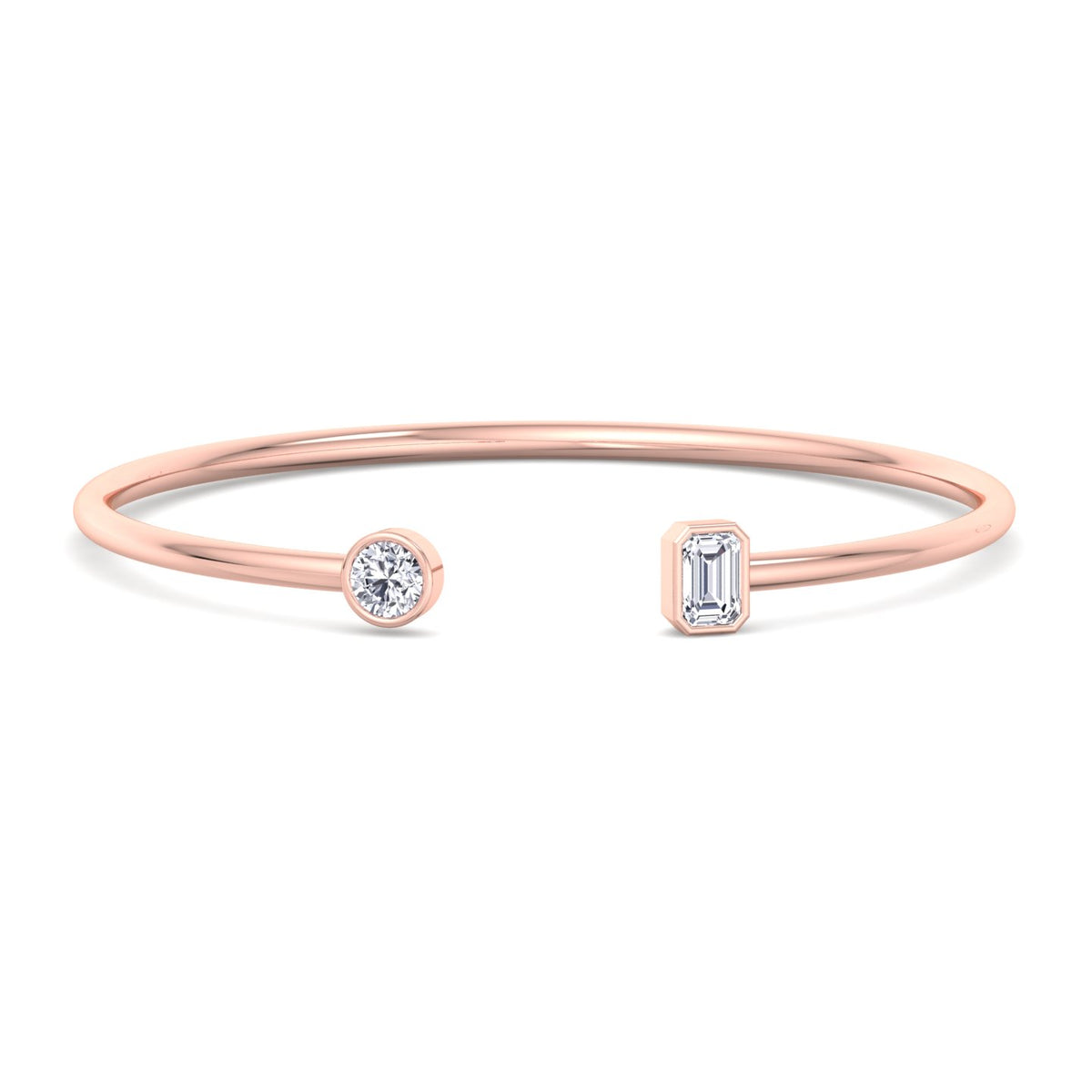 round-and-emerald-cut-diamond-bezel-setting-14k-rose-gold-open-cuff-bangle