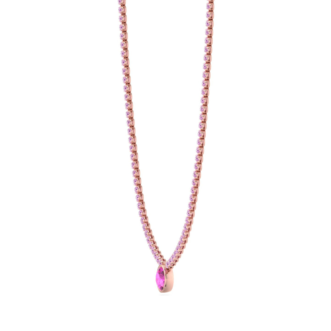 9.5CT T.W Round Cut Crown Prong Natural Pink Sapphire Tennis Necklace with Round Bezel Pendant