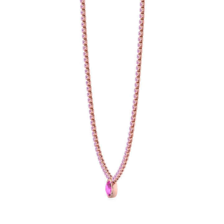 9.5CT T.W Round Cut Crown Prong Natural Pink Sapphire Tennis Necklace with Round Bezel Pendant