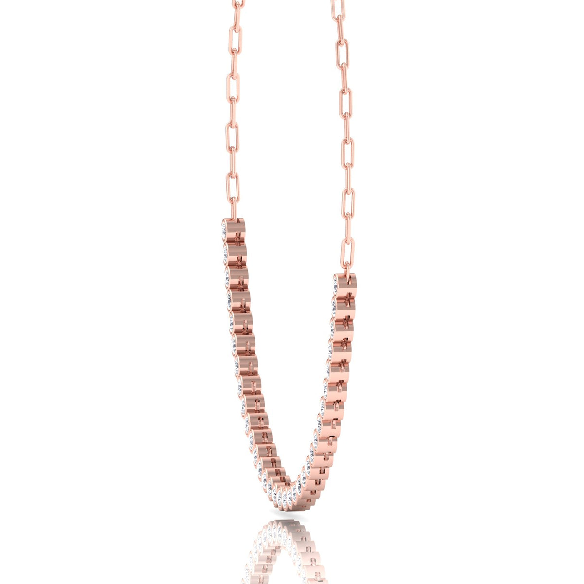 Paper Clip and Bezel Set Diamond Tennis Necklace-14K- All Rose Gold