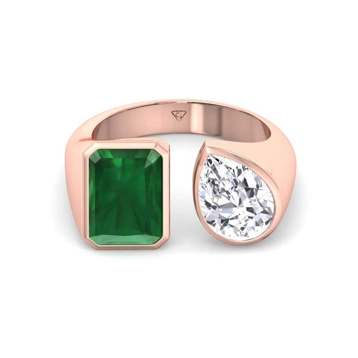 Pamina - Bezel Set Toi Et Moi Green Emerald and Pear Shape Diamond Open Ring - Gem Jewelers Co