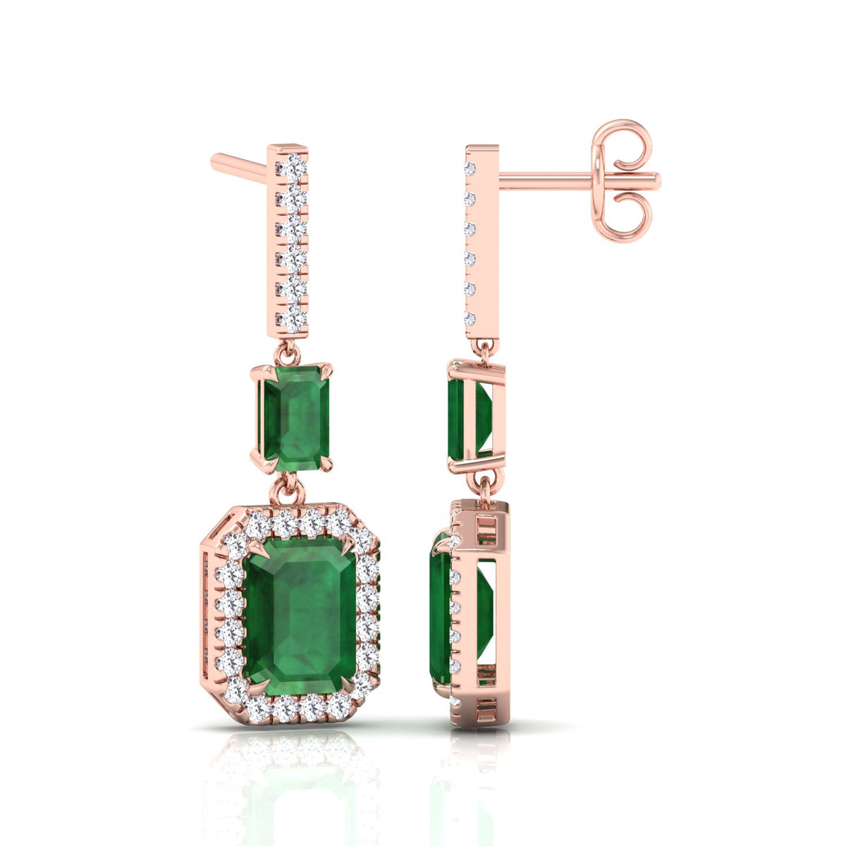 Natural Green Emerald & Diamond Drop Earrings-0.45CTW-Rose Gold