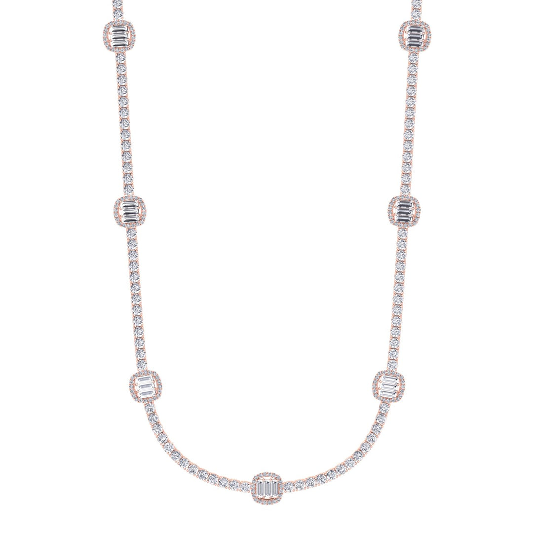 Emerald Shape Halo Station Natural Diamond Tennis Necklace in 14K Solid Gold Rose Gold
