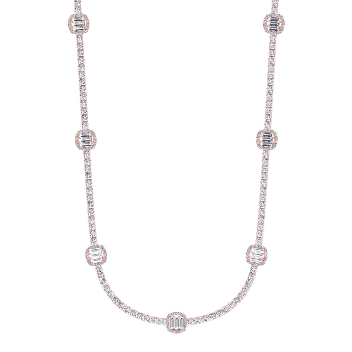 Emerald Shape Halo Station Natural Diamond Tennis Necklace in 14K Solid Gold Rose Gold