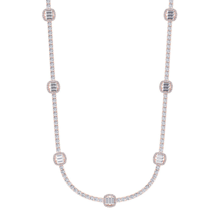 Emerald Shape Halo Station Natural Diamond Tennis Necklace in 14K Solid Gold Rose Gold