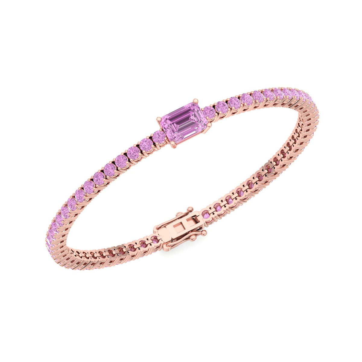 Pierra - Single Stone Emerald Shape Natural Pink Sapphire Tennis Bracelet - Gem Jewelers Co
