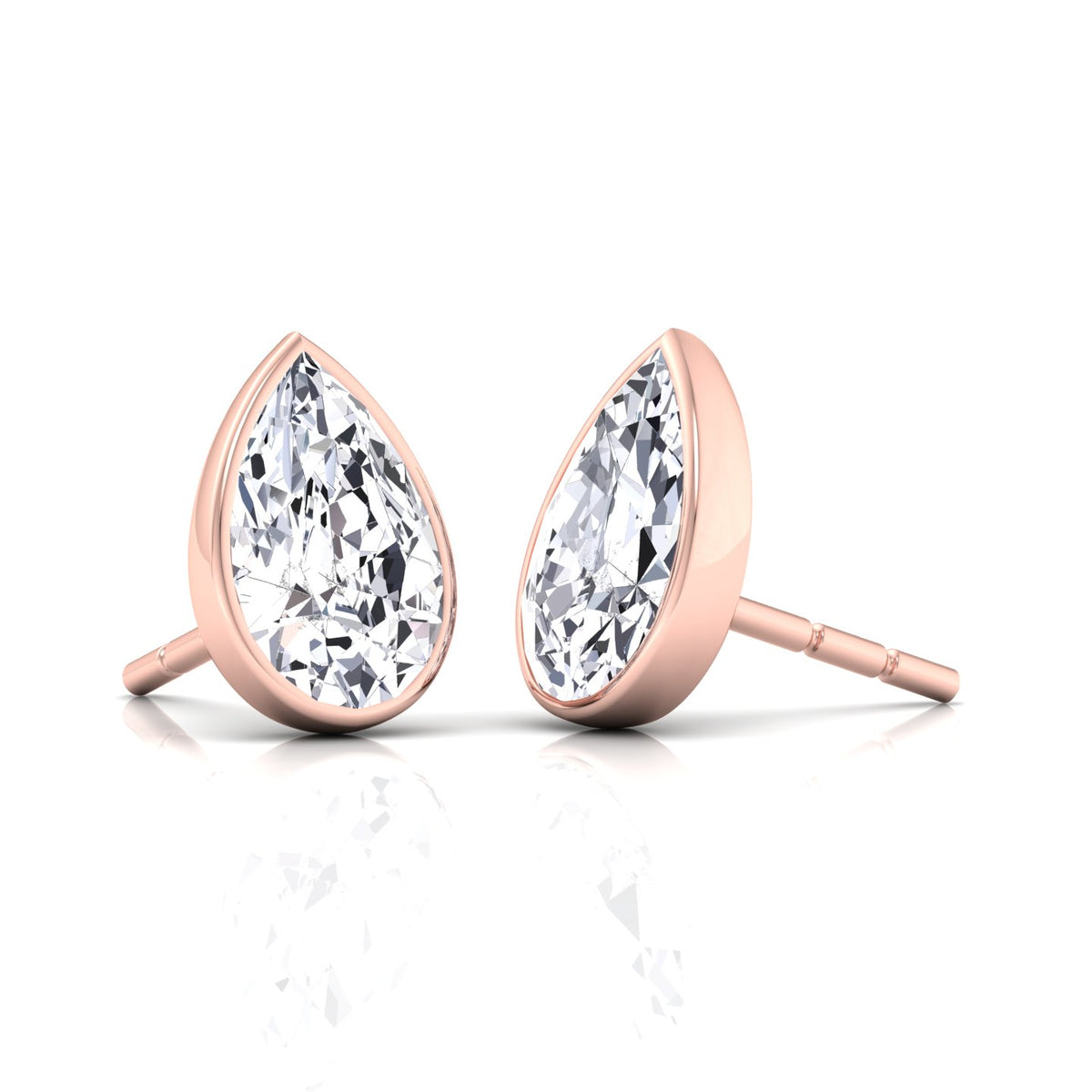 Bezel Set Pear Shape Natural Diamond Studs--0.5CT-1CT-2CT-Rose Gold