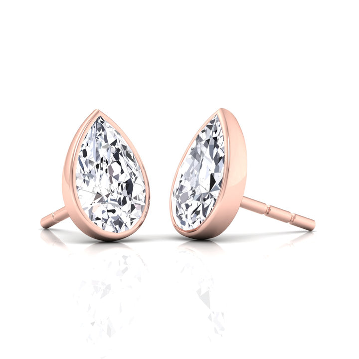 Bezel Set Pear Shape Natural Diamond Studs--0.5CT-1CT-2CT-Rose Gold