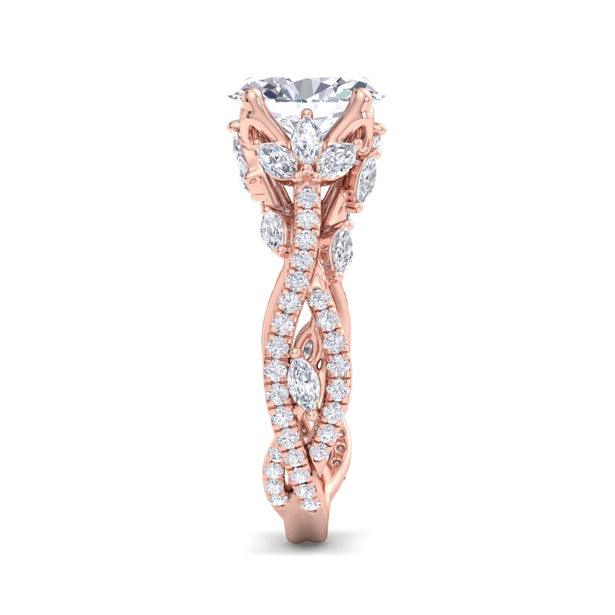 Fiorella - Oval Shape Diamond Engagement Ring with Marquise Shape Side stones and Twisted Pave Band - Gem Jewelers Co