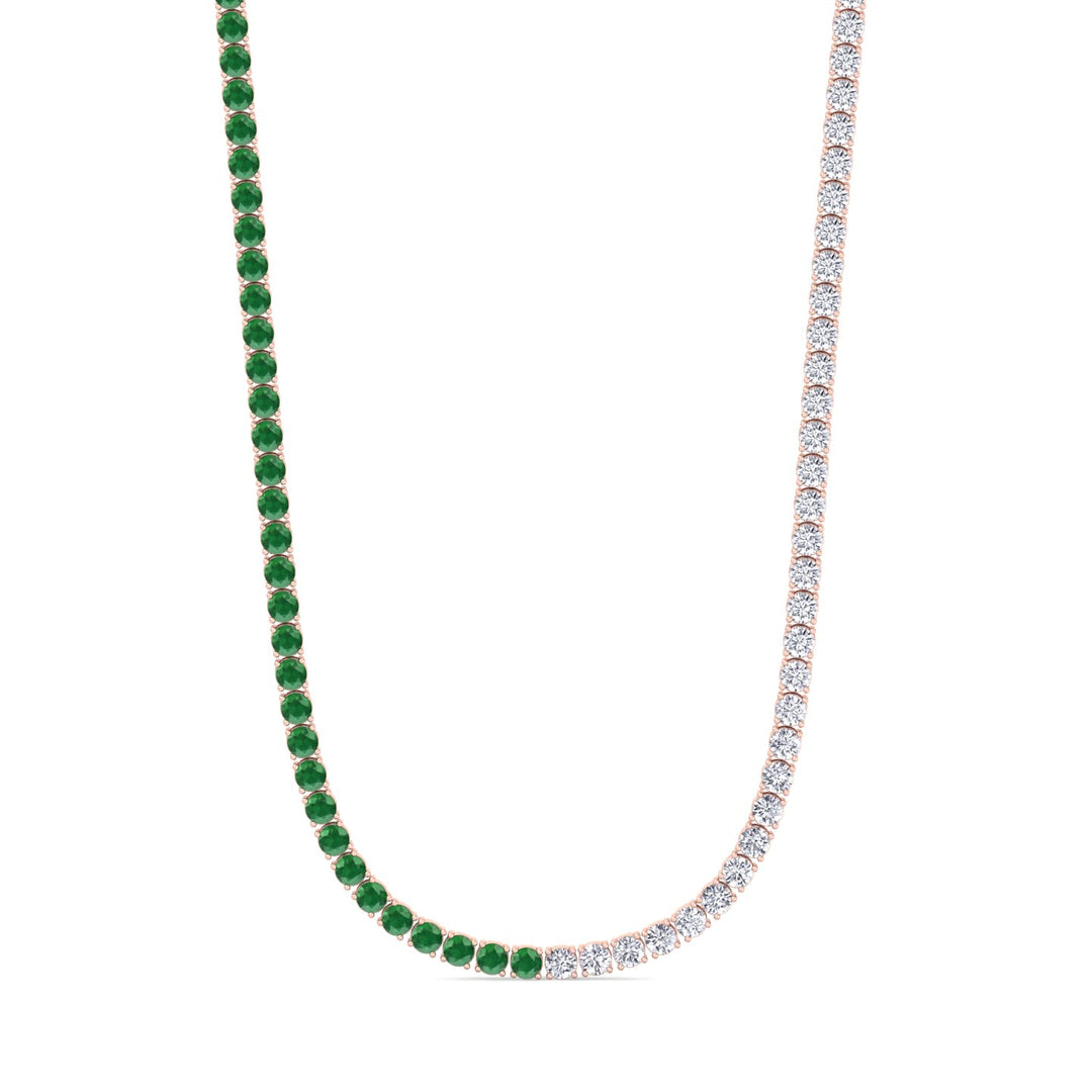 Natural Half Green Emerald and Diamond Tennis Necklace Rose Gold 14K