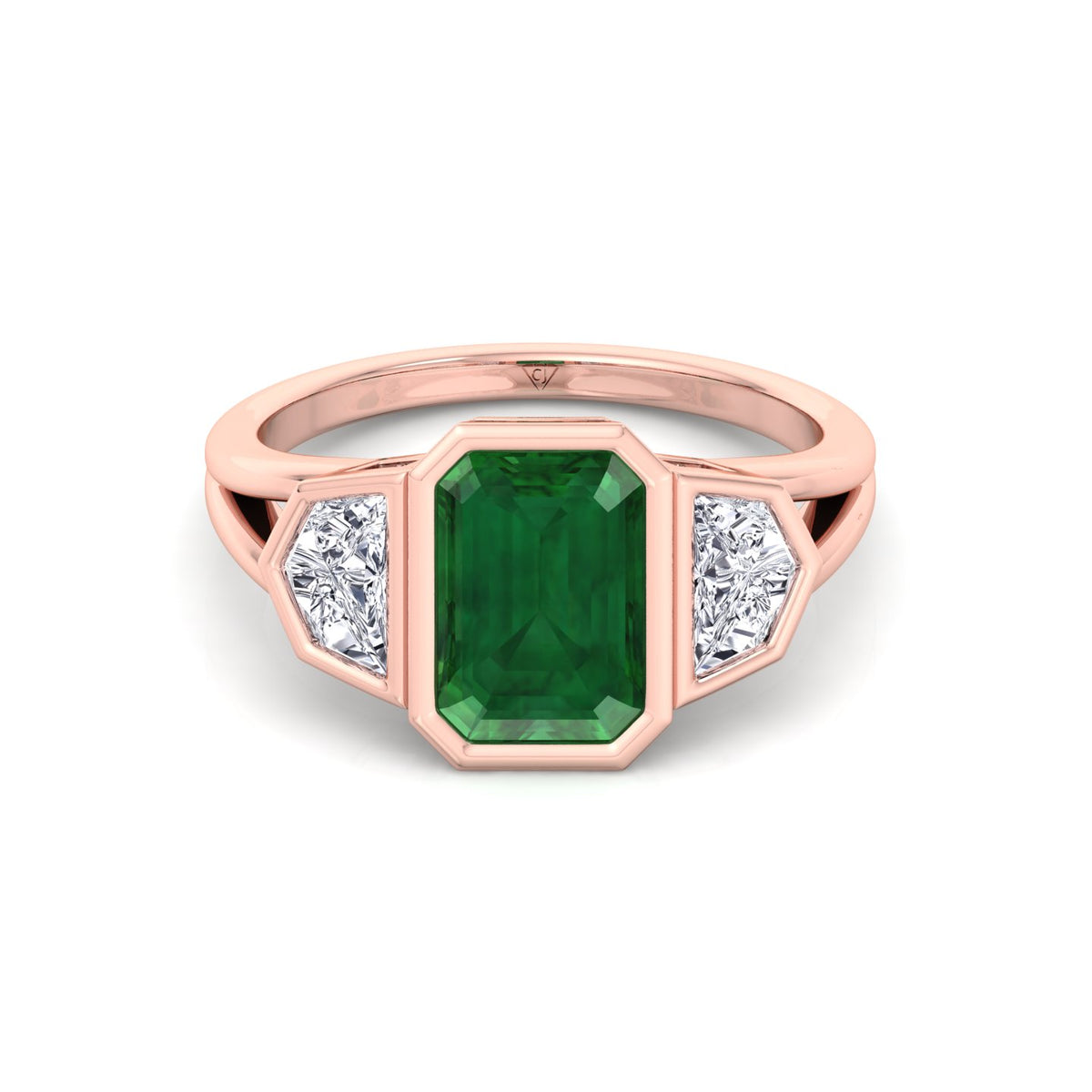 Bezel Set Natural Emerald Shape Green Emerald with Half Moon Diamond Sidestones Engagement Ring Rose Gold 14K