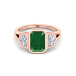 Bezel Set Natural Emerald Shape Green Emerald with Half Moon Diamond Sidestones Engagement Ring Rose Gold 14K