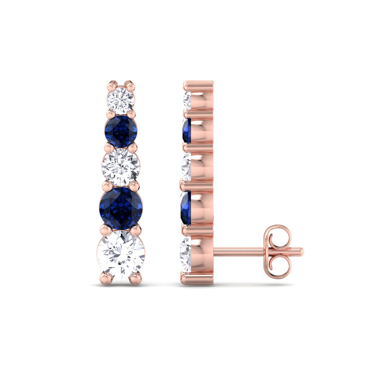 Graduated Natural Diamond and Blue Sapphire Climber Earrings-3CT-Rose Gold