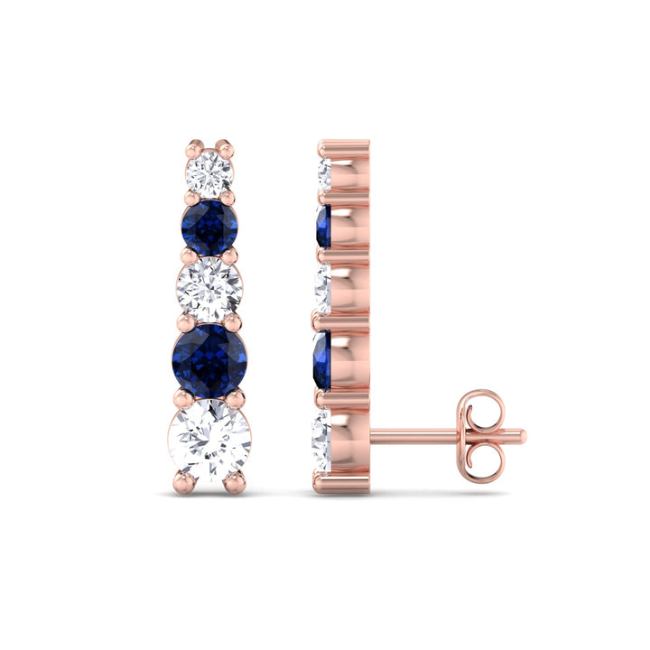 Graduated Natural Diamond and Blue Sapphire Climber Earrings-3CT-Rose Gold