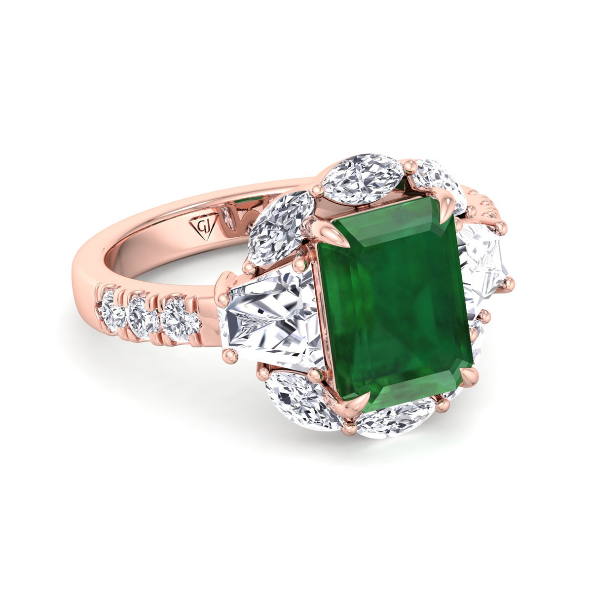 Anzola - Emerald Shape Green Emerald Engagement Ring with Marquise, Trapezoid, and Round Side Stones - Gem Jewelers Co