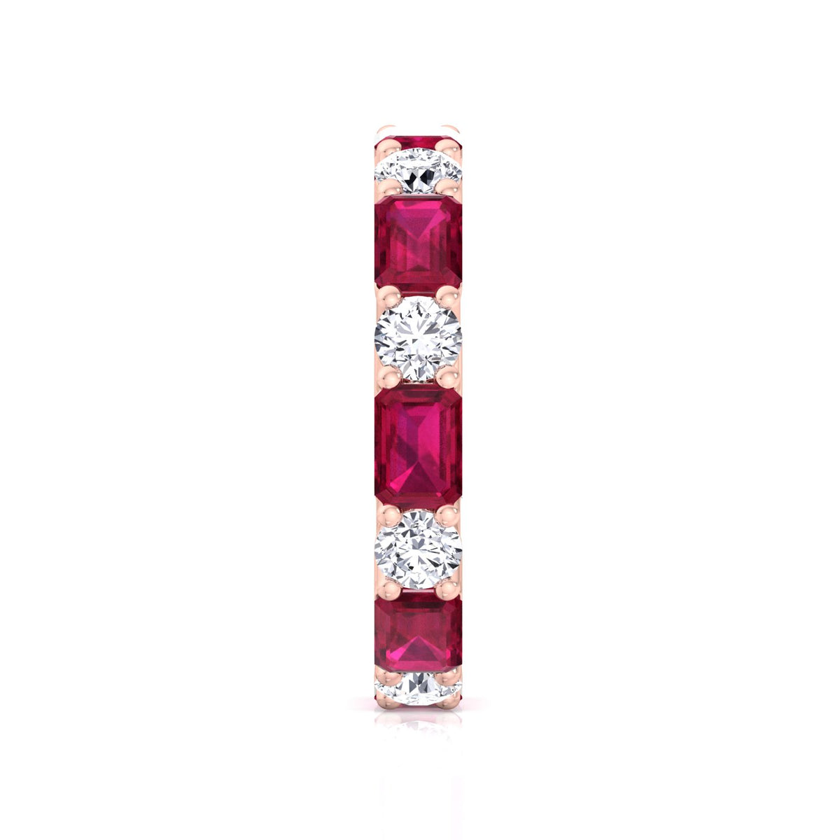 Alternating Natural Emerald Shape Red Ruby and Round Shape Diamond Eternity Band Rose