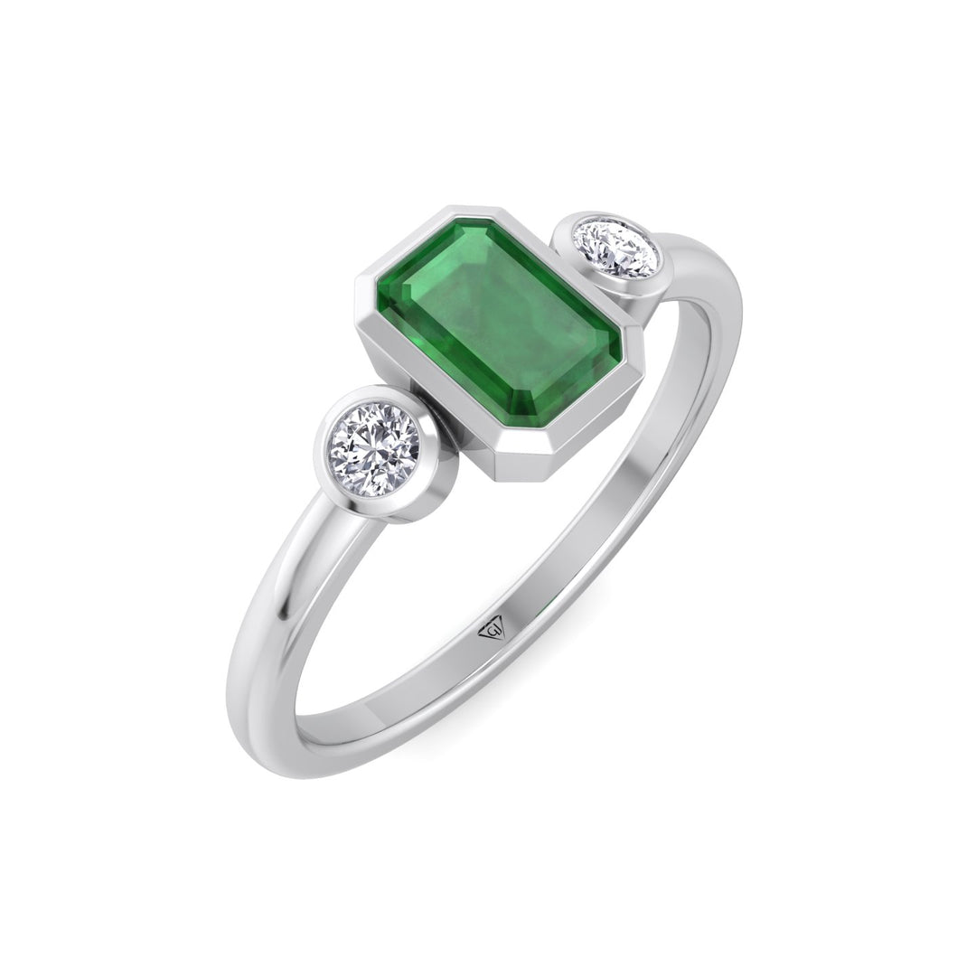 Bezel Set Three Stone Natural Green Emerald and Diamond Engagement Ring