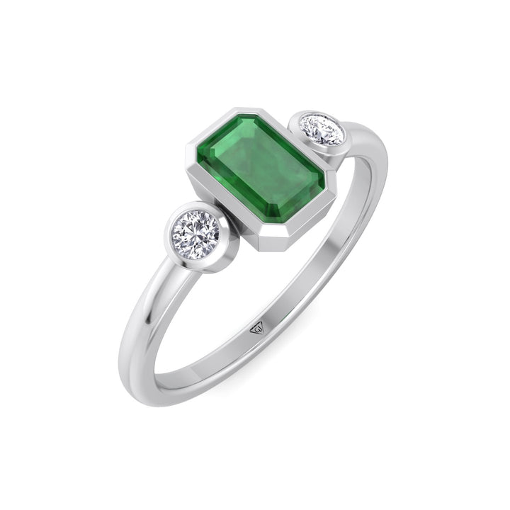 Bezel Set Three Stone Natural Green Emerald and Diamond Engagement Ring