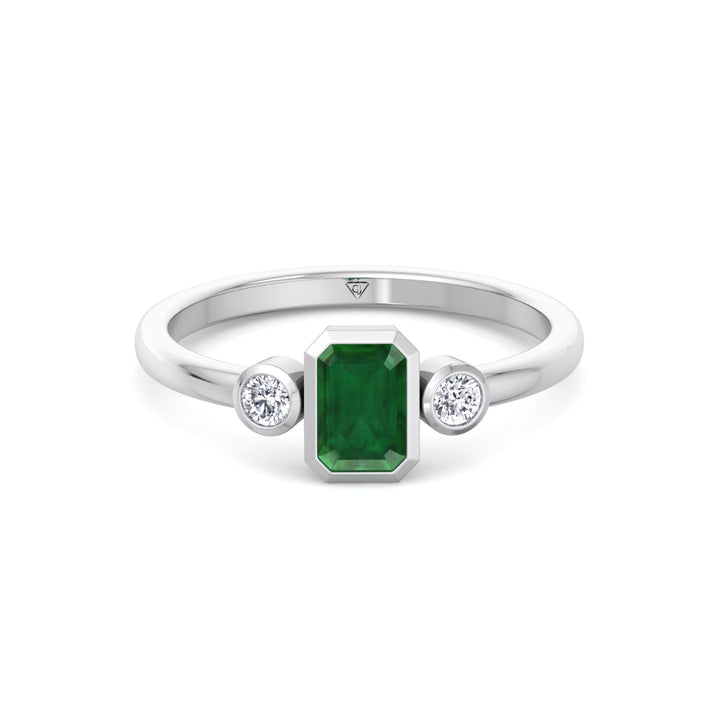 Bezel Set Three Stone Natural Green Emerald and Diamond Engagement Ring