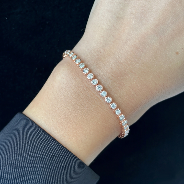 Bezel Set Natural Diamond Tennis Bracelet 14K Solid Gold