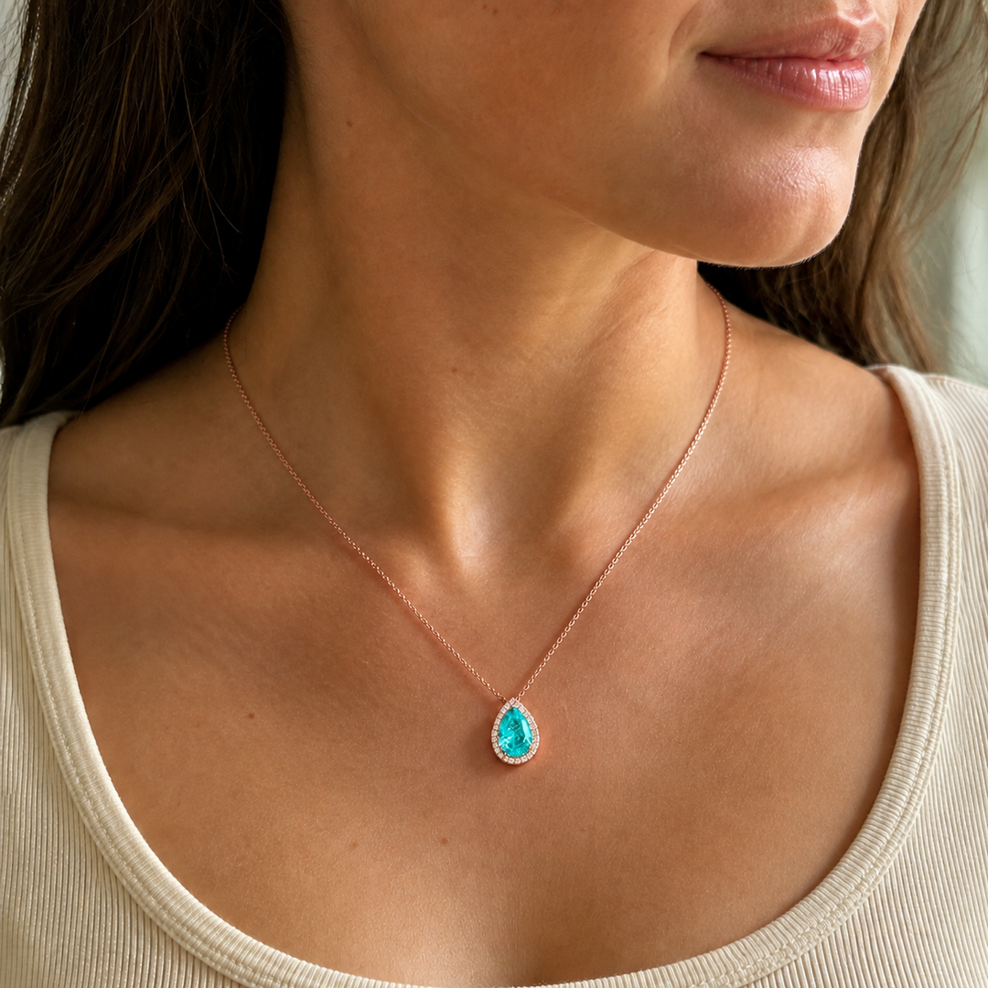 Pear Shape Halo Natural Paraiba Tourmaline Pendant Rose Gold