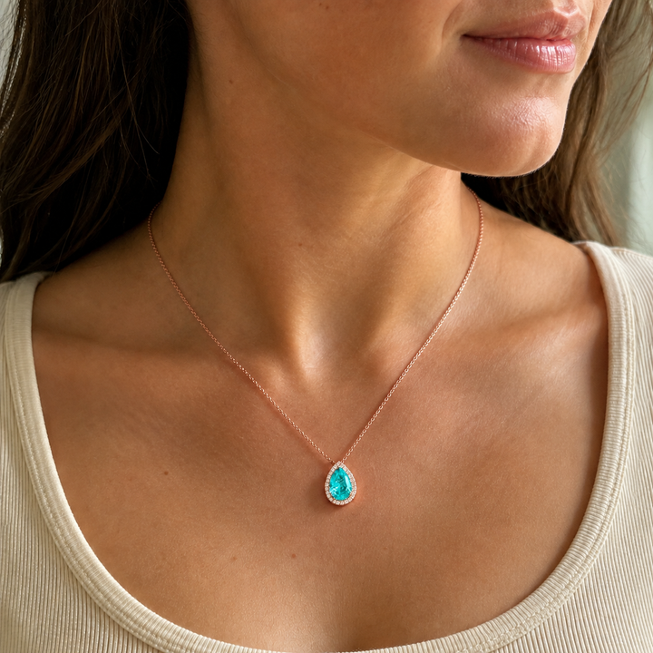 Pear Shape Halo Natural Paraiba Tourmaline Pendant Rose Gold