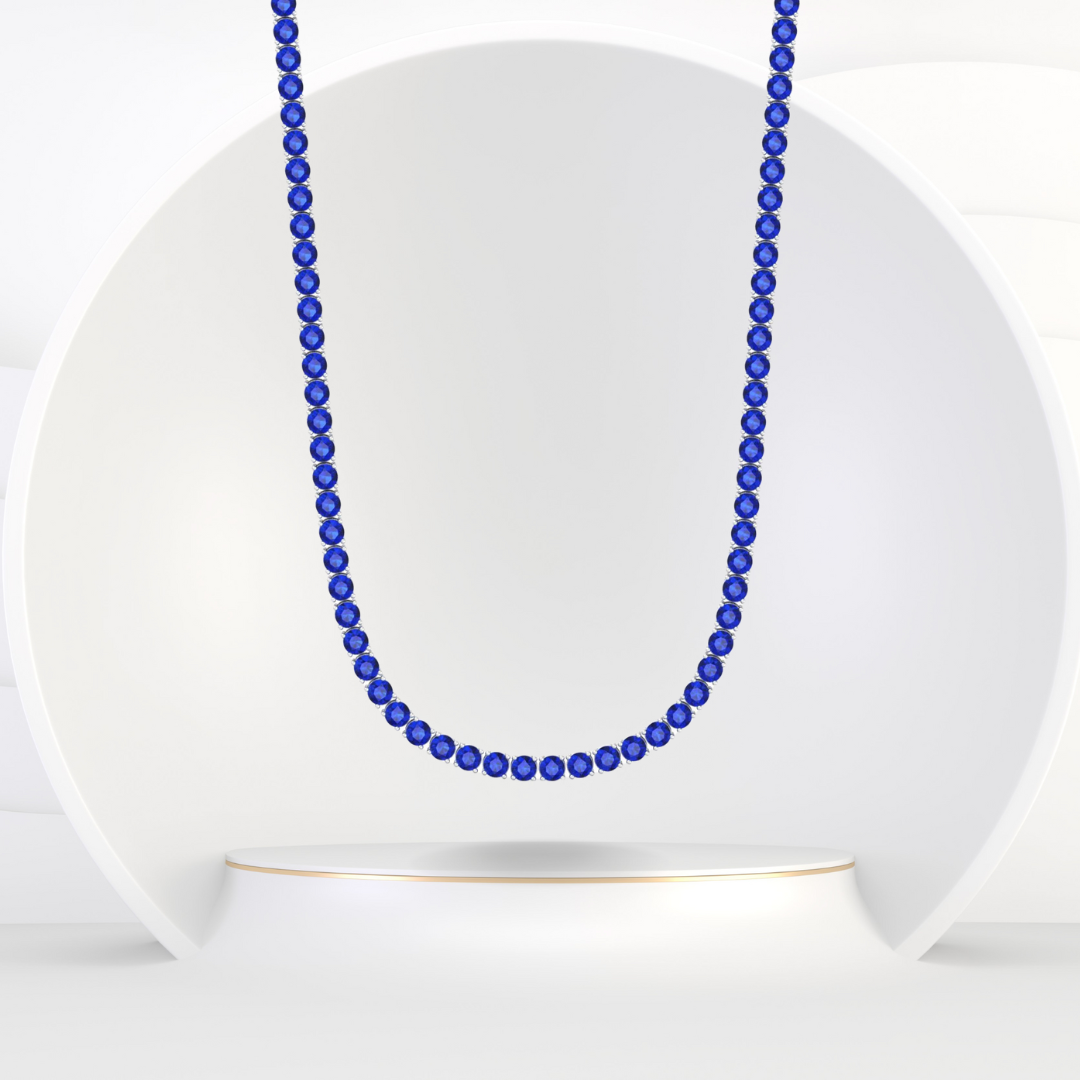 Round Cut Natural Blue Sapphire Tennis Necklace