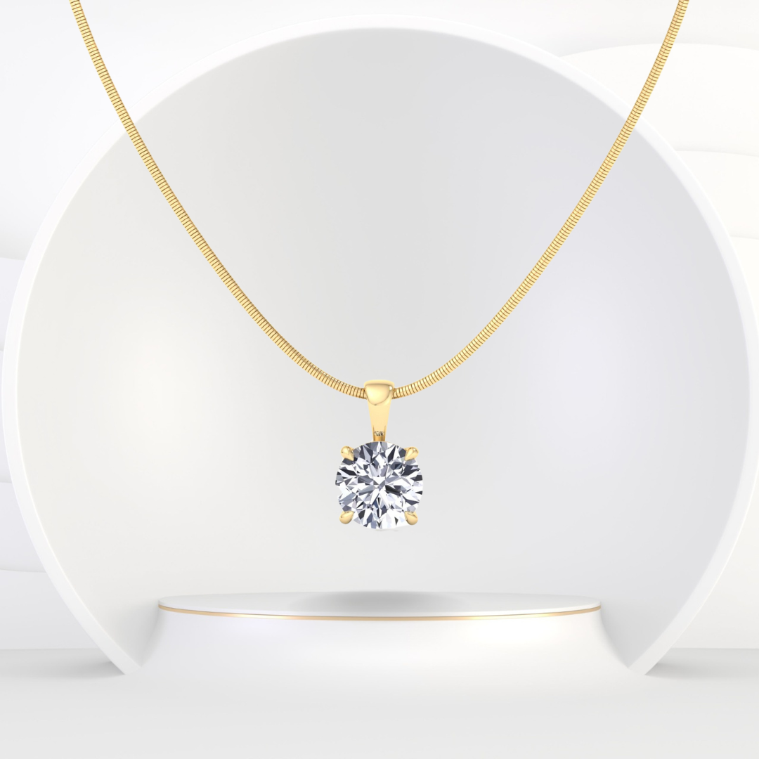 Round Shape - Natural Diamond Necklace Pendant-  on Luxe Omega Chain - 14K-Yellow Gold-1CT-2CT