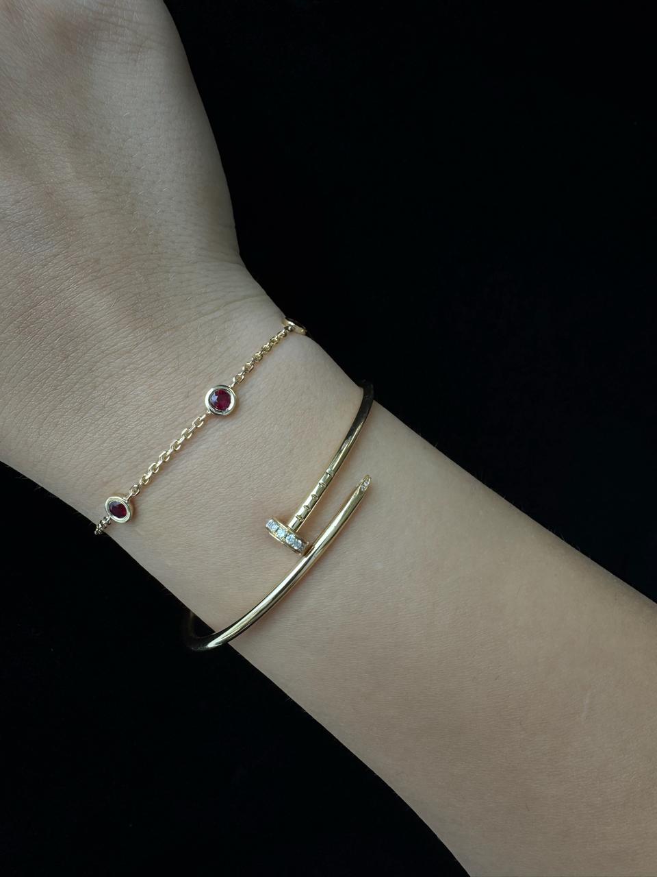 Round Natural Red Rubies By The Yard Bracelet in Gold, Model Hand