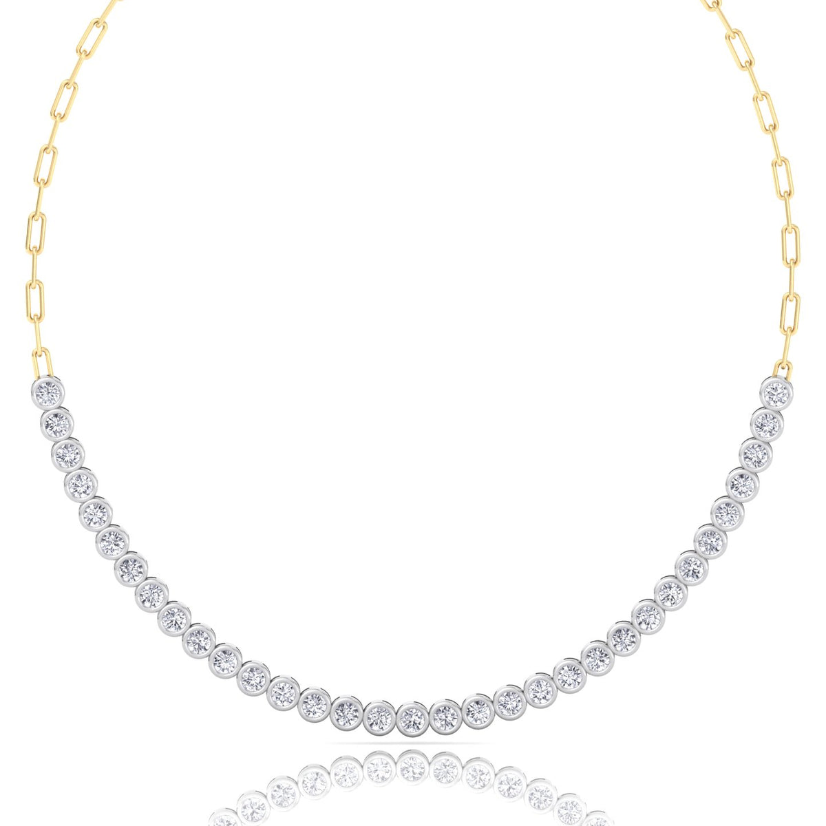 Paper Clip and Bezel Set Diamond Tennis Necklace-8CT-14K- Paper Clip Yellow Gold-Tennis Necklace White Gold