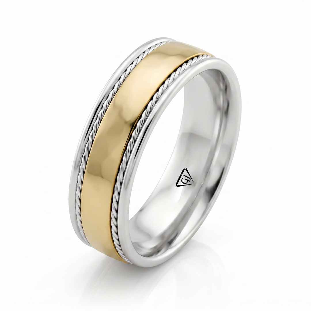 Dual Rope Accent Two-Tone Men's Solid Gold Band WG 
