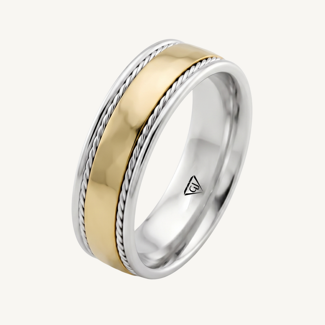 Dual Rope Accent Two-Tone Men's Solid Gold Band
