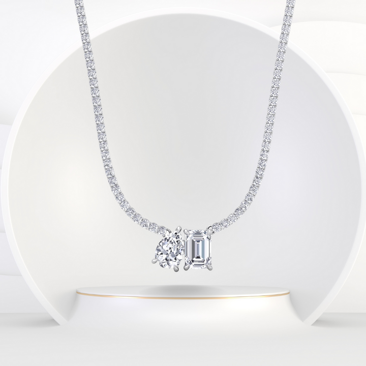 Toi Et Moi Pear and Emerald Natural Diamond Tennis Necklace