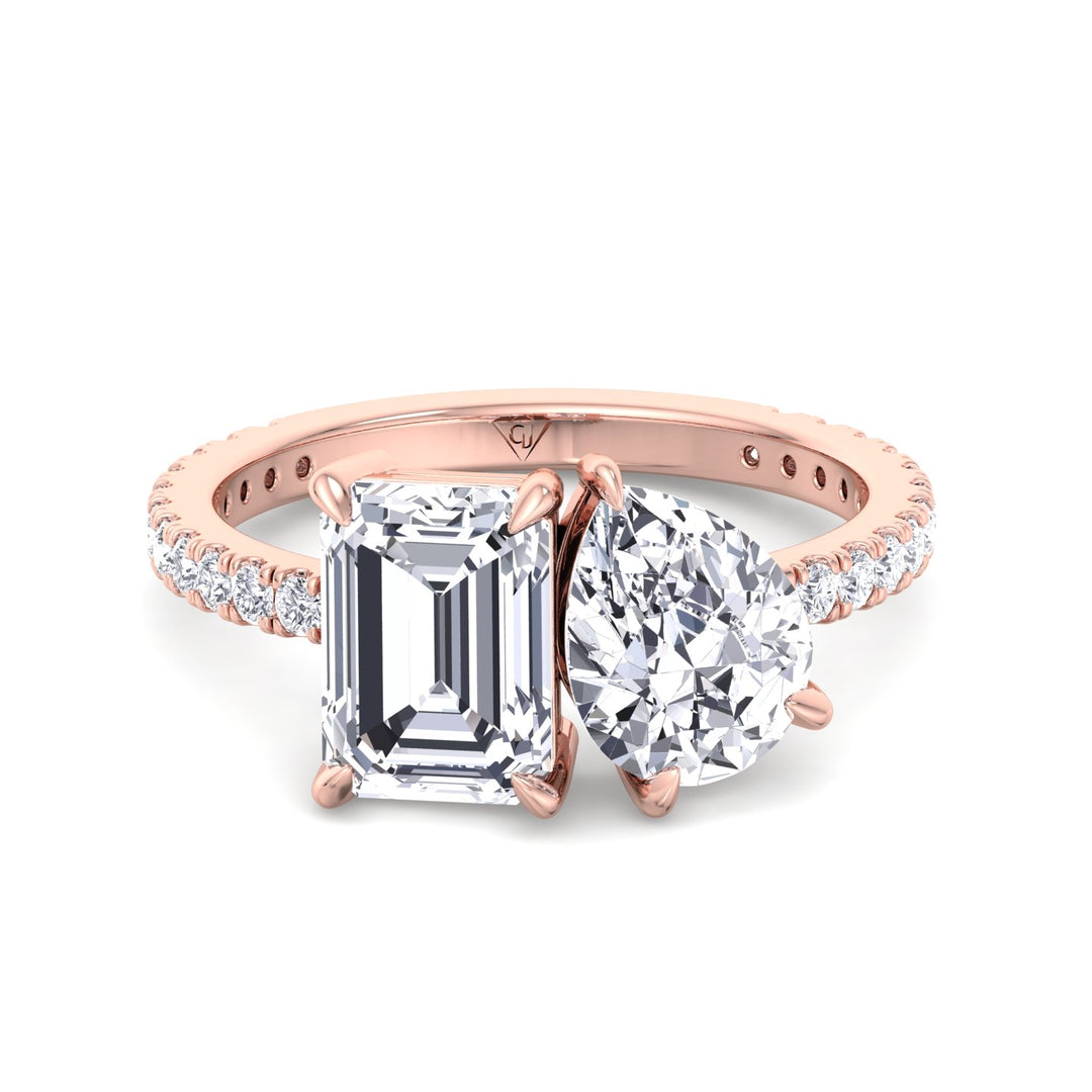 Toi et Moi Pear & Emerald Cut Diamond Engagement Ring, Rose, Front