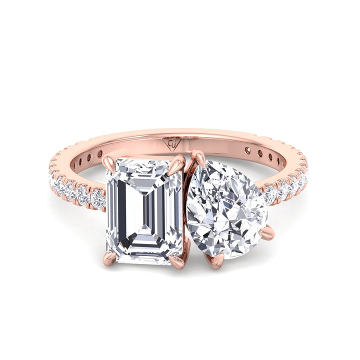 Toi et Moi Pear & Emerald Cut Diamond Engagement Ring, Rose, Front