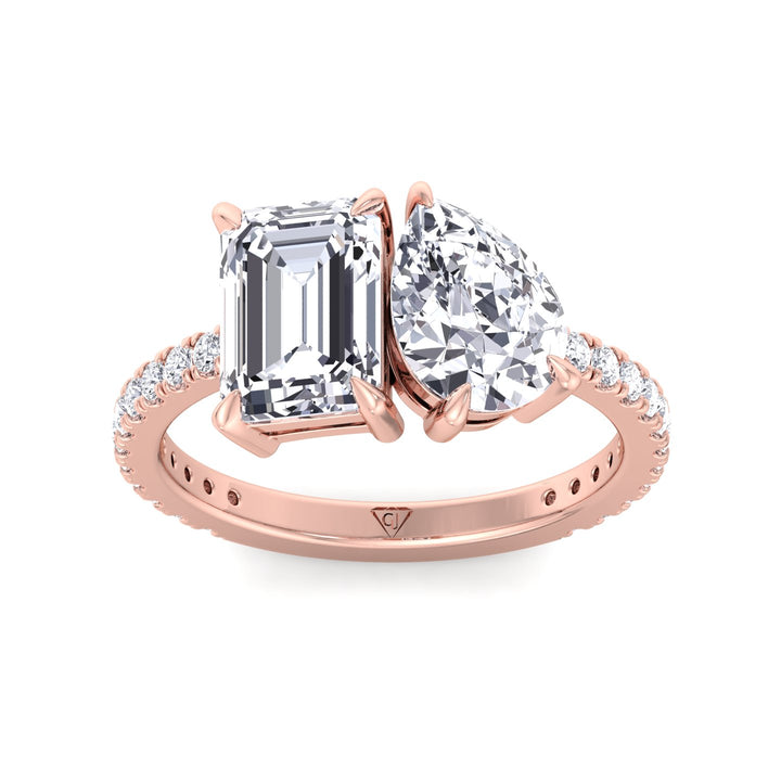 Toi et Moi Pear & Emerald Cut Diamond Engagement Ring, Rose, Top Down Front