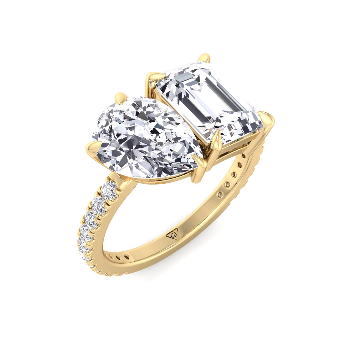 Toi et Moi Pear & Emerald Cut Diamond Engagement Ring, Yellow Gold, Tilted